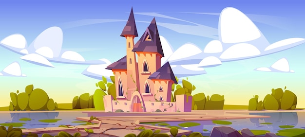 Vecteur gratuit château royal avec portes, fenêtres et tours chemin d'entrée au palais médiéval de conte de fées pour roi reine et princesse paysage vectoriel de dessin animé avec arbres et buissons nuages dans le ciel et le château