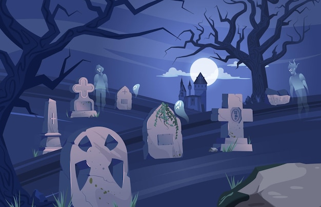 Vecteur gratuit cimetière pierre tombale halloween composition ancien cimetière la nuit des fantômes flottent au-dessus de l'illustration vectorielle des tombes