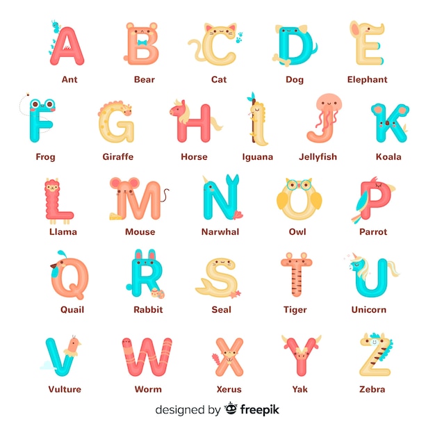 Vecteur gratuit collection d'alphabet sous forme de lettre animal