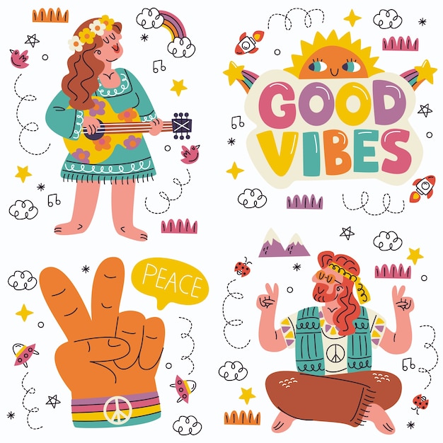 Vecteur gratuit une collection d'autocollants hippie doodle