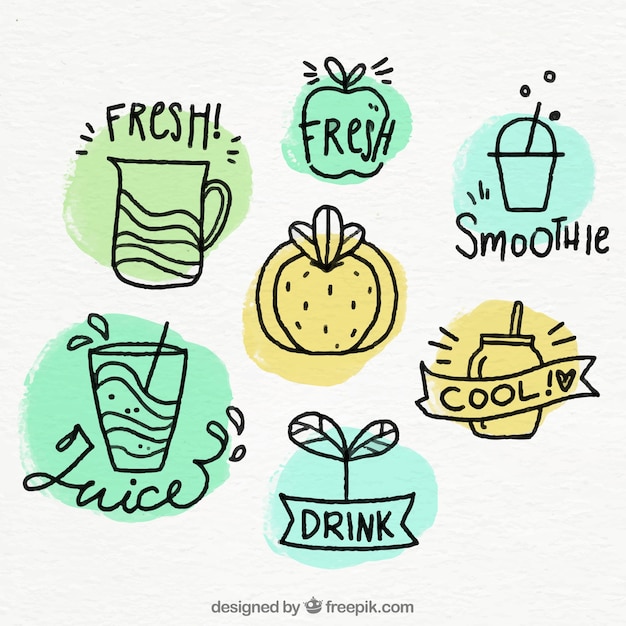 Vecteur gratuit collection de badges de jus de fruits en style dessiné à la main