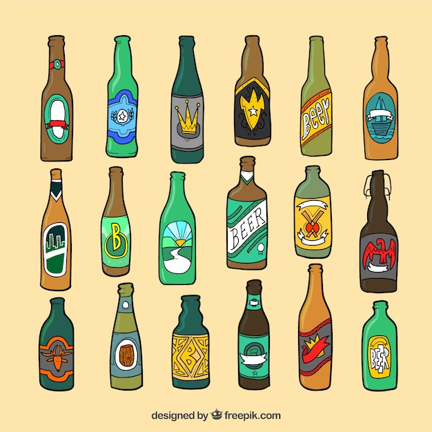 Vecteur gratuit collection de bouteilles de bière dessinés à la main