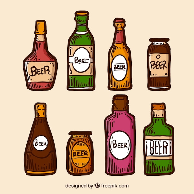 Vecteur gratuit collection de bouteilles de bière dessinés à la main