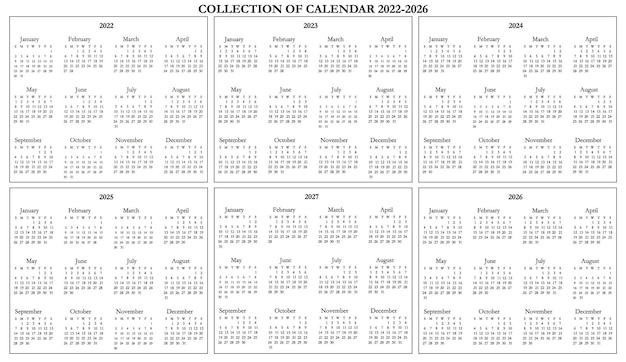 Collection de calendrier noir et blanc 2022-2026