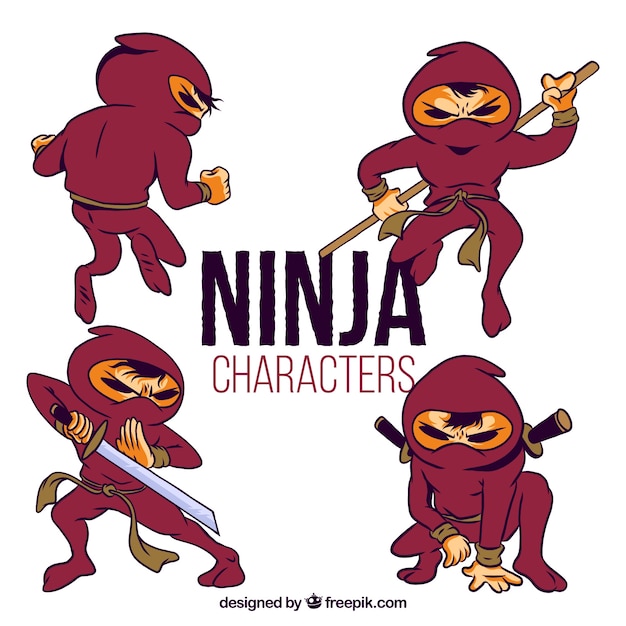 Vecteur gratuit collection de caractères ninja dessinés à la main