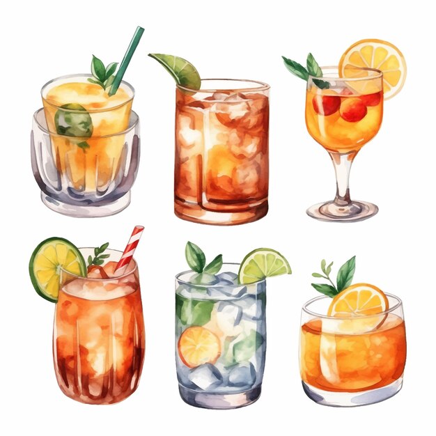 Collection de cocktails d'alcool Illustration aquarelle Boissons clipart