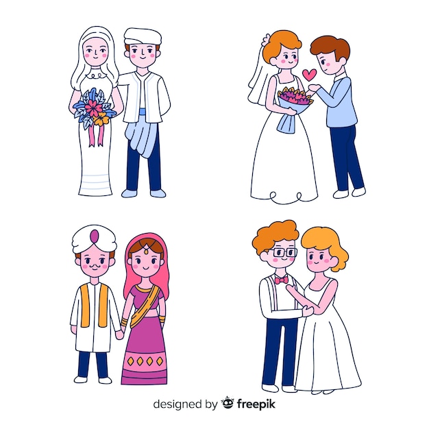 Vecteur gratuit collection de couple de mariage dessiné à la main