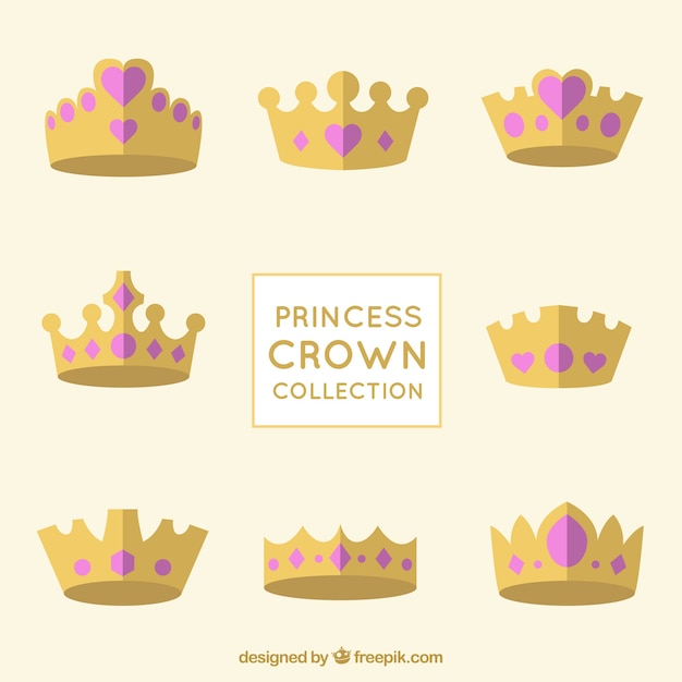 Vecteur gratuit collection de couronne de princesse avec bijoux de coeur rose