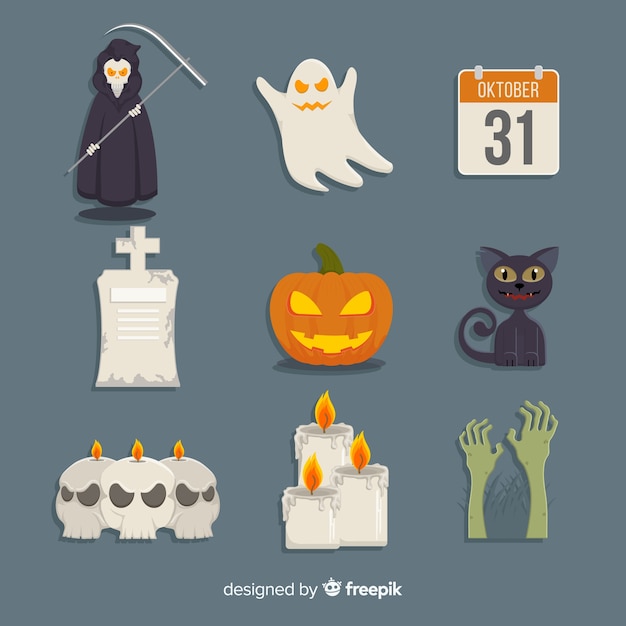 Vecteur gratuit collection d&#39;éléments de halloween classique avec un design plat