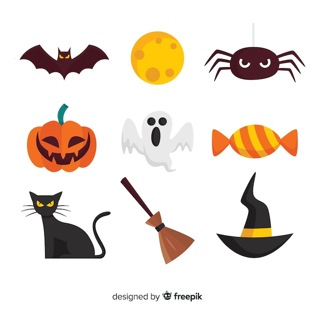 Vecteur gratuit collection d'éléments de halloween classique avec un design plat