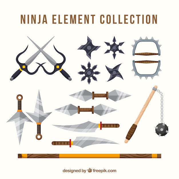 Vecteur gratuit collection d'éléments ninja coloré avec un design plat