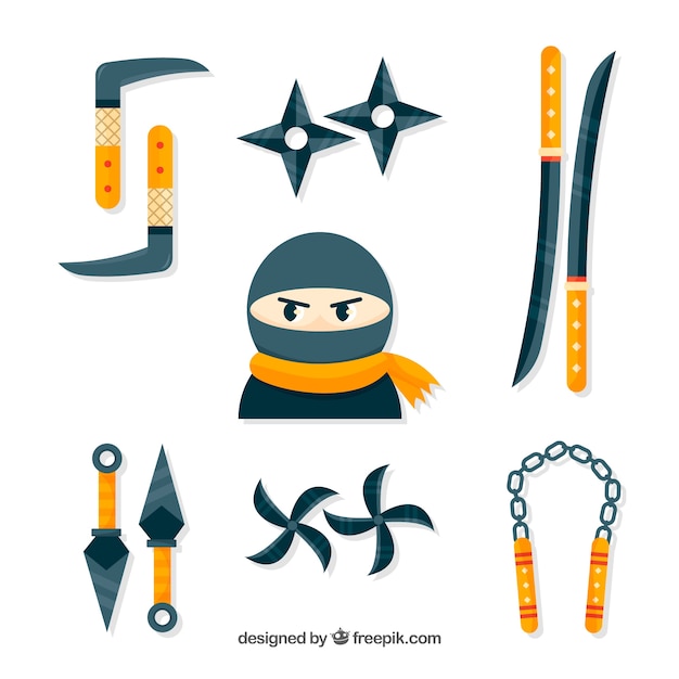 Vecteur gratuit collection d&#39;éléments ninja guerrier avec un design plat