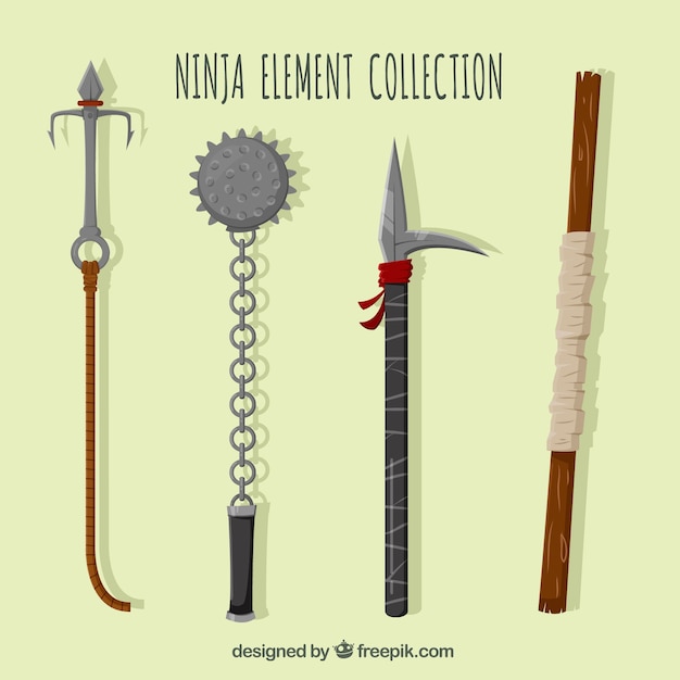 Vecteur gratuit collection d&#39;éléments de ninja plat de quatre