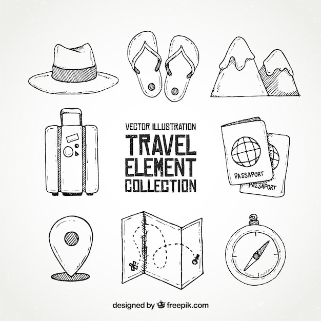 Collection d&#39;éléments de voyage dans un style dessiné à la main