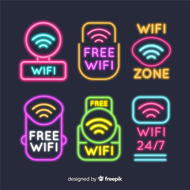 Vecteur gratuit collection de enseignes wifi gratuite au néon