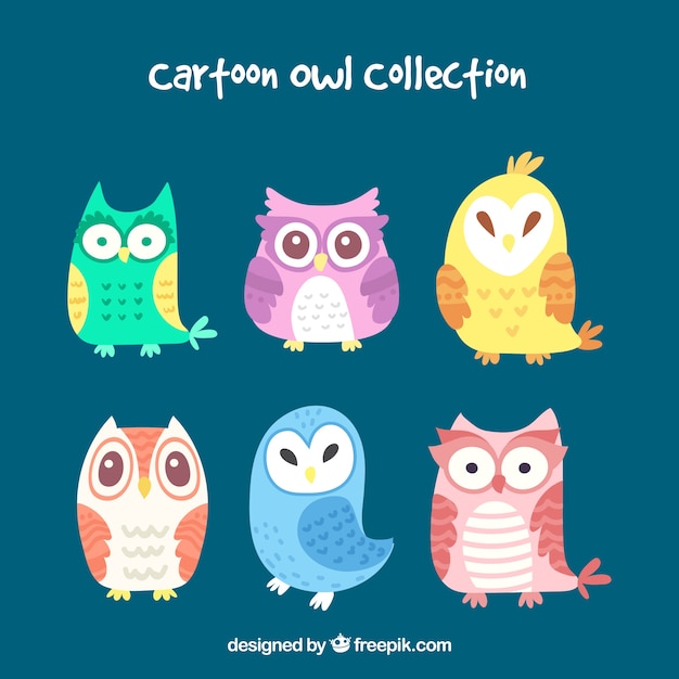 Vecteur gratuit collection de hibou coloré de bande dessinée