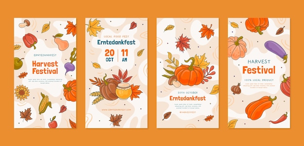 Vecteur gratuit collection d'histoires instagram du festival des récoltes dessinées à la main avec des feuilles et des légumes