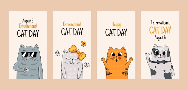 Vecteur gratuit collection d'histoires instagram de la journée internationale du chat dessinées à la main