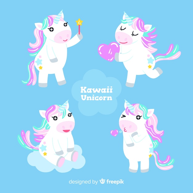 Vecteur gratuit collection de personnages de licorne kawaii