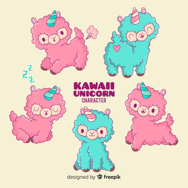 Vecteur gratuit collection de personnages de licorne kawaii