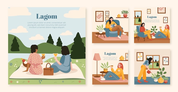 Vecteur gratuit collection de post lagom ig plat dessiné à la main