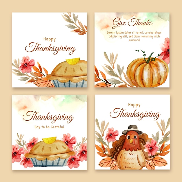 Vecteur gratuit collection de publications instagram pour thanksgiving à l'aquarelle