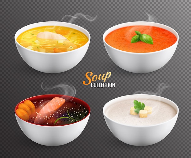 Vecteur gratuit collection de quatre bols avec soupe chaude et purée de soupe avec des biscottes de verdure et des décorations isolées