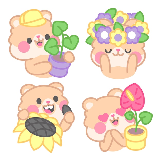 Vecteur gratuit collection de stickers plantes et fleurs avec kimchi le hamster