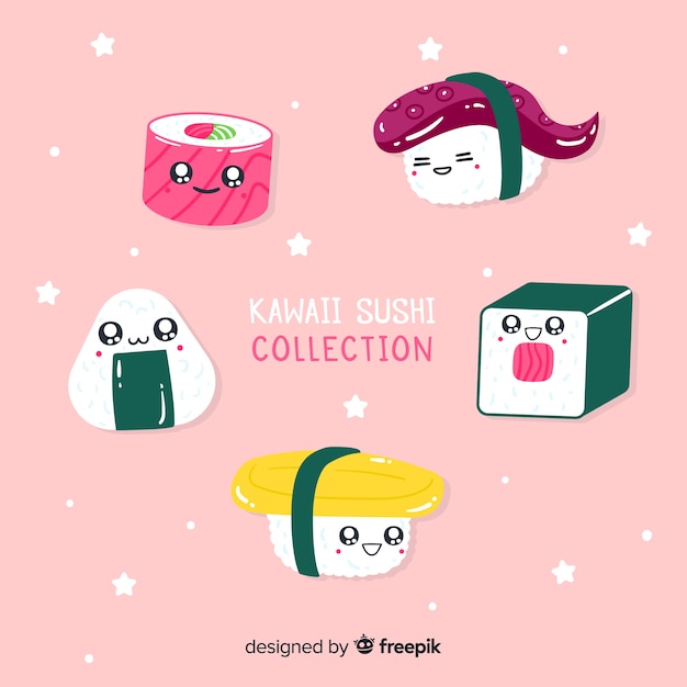 Vecteur gratuit collection de sushis kawaii dessinés à la main