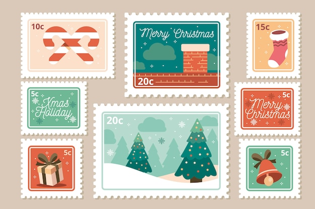 Vecteur gratuit collection de timbres de noël au design plat