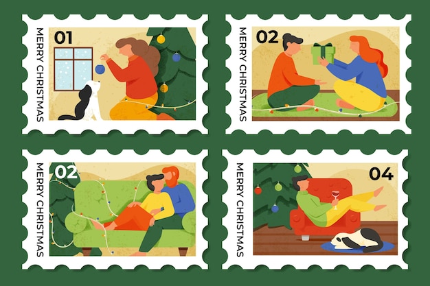 Vecteur gratuit collection de timbres de noël au design plat