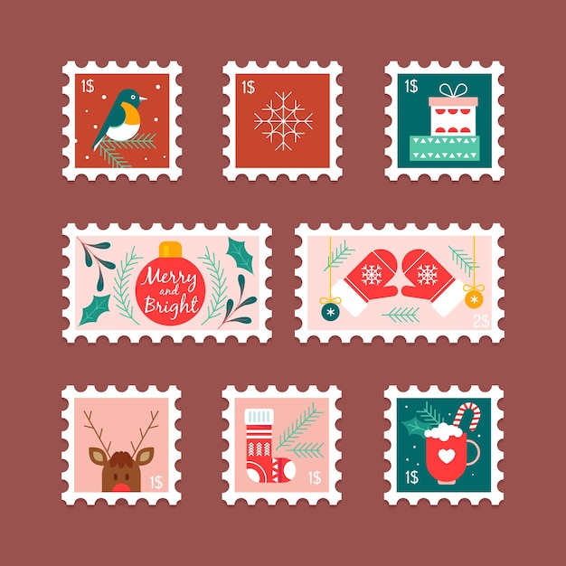 Vecteur gratuit collection de timbres de noël design plat