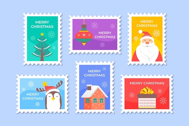 Vecteur gratuit collection de timbres de noël design plat