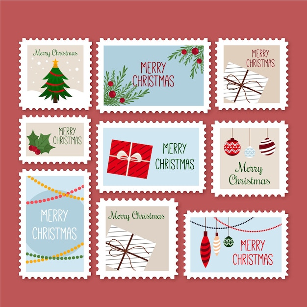 Vecteur gratuit collection de timbres de noël design plat