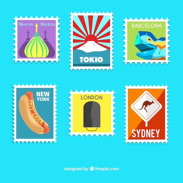 Vecteur gratuit collection de timbres de voyage dans un design coloré