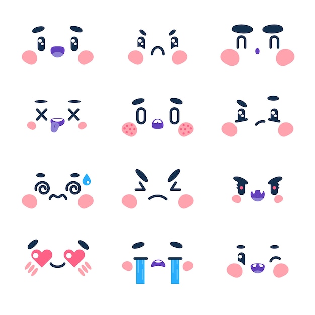 Vecteur gratuit collection de visages kawaii design plat dessinés à la main