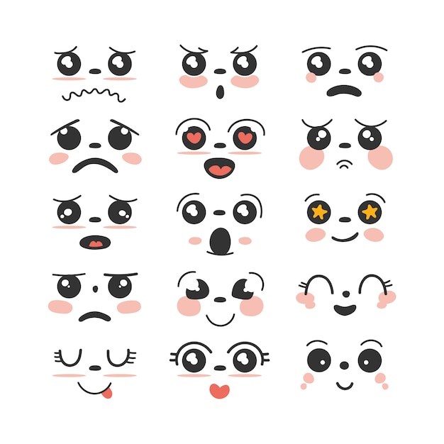 Vecteur gratuit collection de visages kawaii design plat dessinés à la main