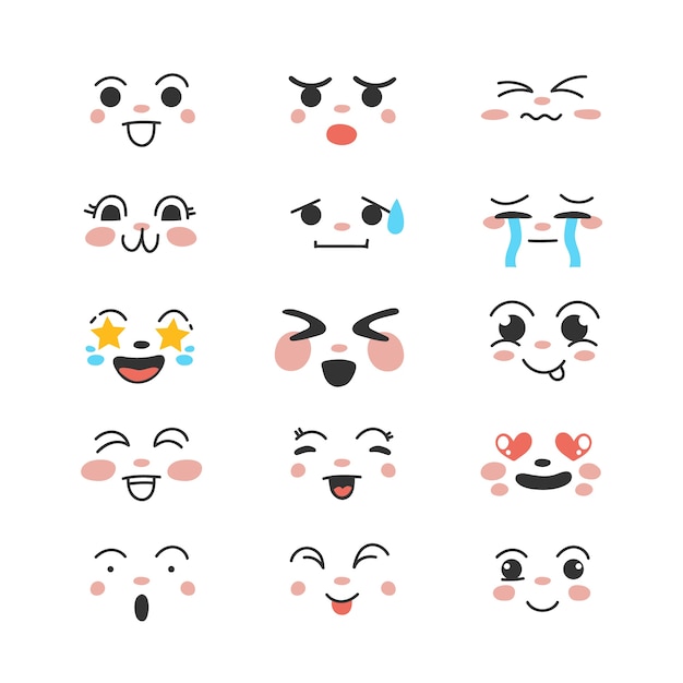 Vecteur gratuit collection de visages kawaii design plat dessinés à la main