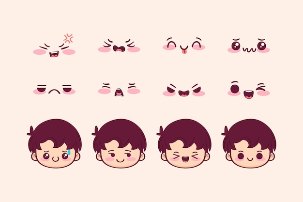 Vecteur gratuit collection de visages kawaii dessinés à la main