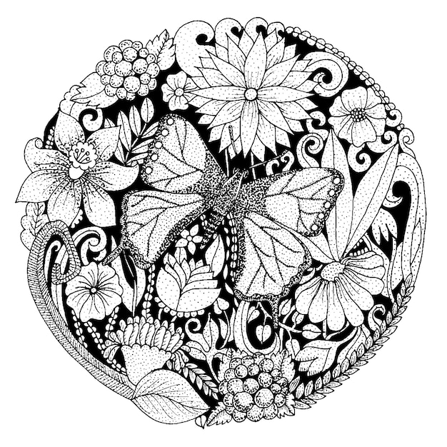 Vecteur gratuit composition arrondie dessinée à la main avec des fleurs, papillon, feuilles. conception de la nature pour se détendre, méditation. illustration vectorielle noir et blanc