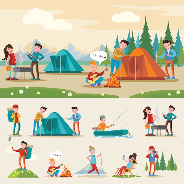 Vecteur gratuit composition de camping itinérante