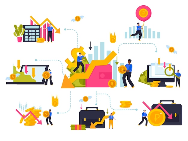 Vecteur gratuit composition de crise économique dans un style plat avec des diagrammes financiers personnages tristes et symboles d'argent illustration vectorielle