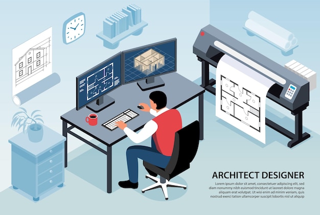 Vecteur gratuit composition horizontale de concepteur d'architecte avec l'homme assis sur son lieu de travail travaillant avec un programme informatique isométrique