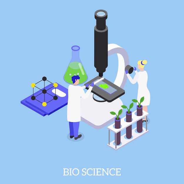 Vecteur gratuit composition d'illustration isométrique bio science avec microscope électronique permettant des recherches en génie génétique manipuler l'adn des plantes