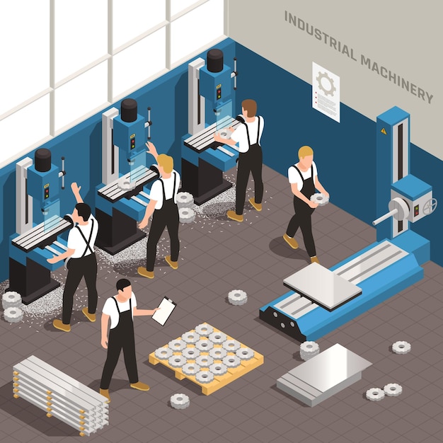 Vecteur gratuit composition isométrique du processus de fabrication des installations de travail des métaux industriels avec des travailleurs utilisant des machines de fraisage, de forage et de coupe