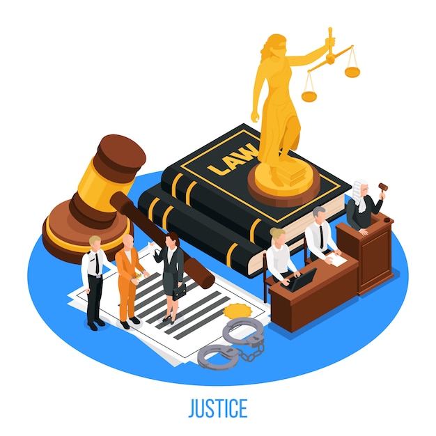 Vecteur gratuit composition isométrique de justice juridique avec figurine dorée