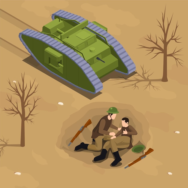 Vecteur gratuit composition isométrique de la première guerre mondiale avec char blindé et infanterie en illustration vectorielle de retranchement