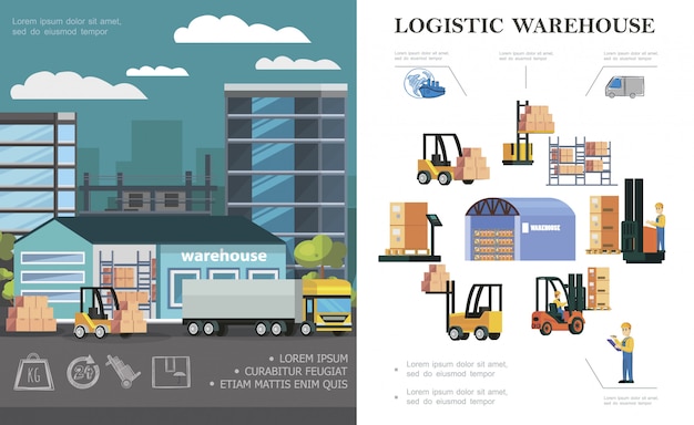 Vecteur gratuit composition logistique d'entrepôt plat avec processus de chargement de camion travailleurs de stockage chariots élévateurs différentes boîtes et conteneurs