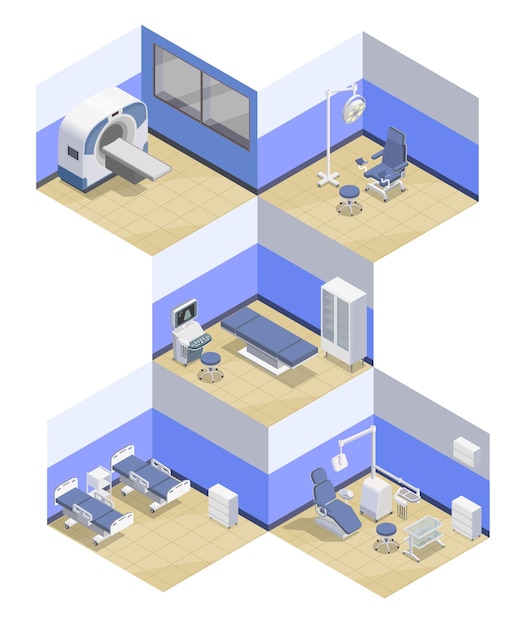 Compositions isométriques de matériel médical avec vues intérieures des chambres d'hôpital équipées d'appareils thérapeutiques professionnels