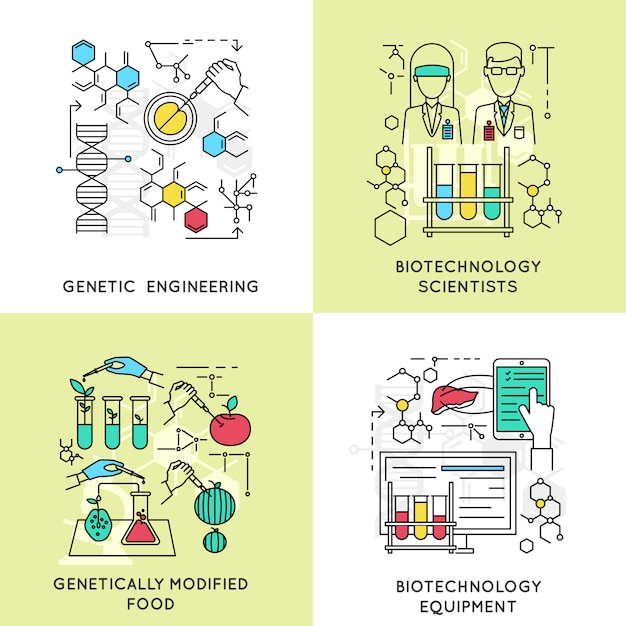 Vecteur gratuit compositions linéaires de biotechnologie comprenant des scientifiques et des aliments modifiés par génie génétique et des équipements professionnels isolés